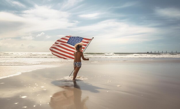 Un enfant court le long de la plage avec un drapeau américain Le 4 juillet est le Jour de l'Indépendance des États-Unis l'éducation du patriotisme dès l'enfance