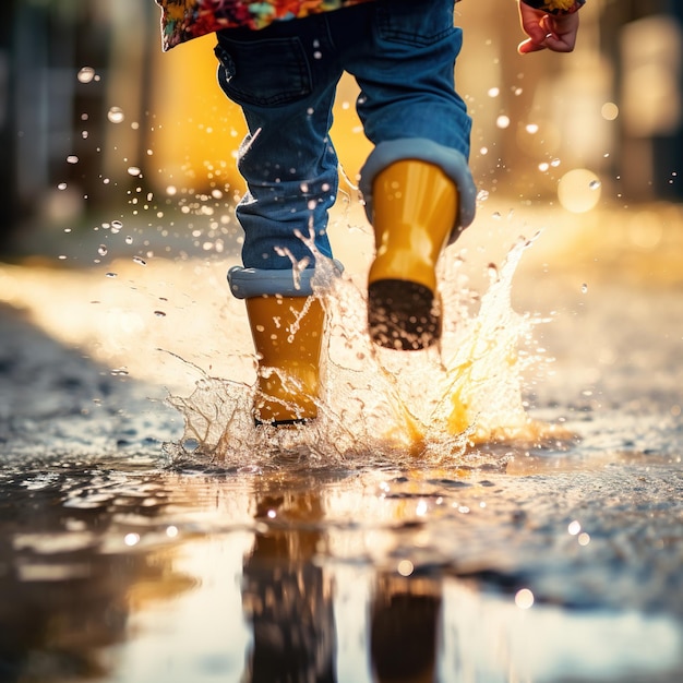 Photo un enfant court à travers des flaques d'eau dans des bottes en caoutchouc des éclaboussures sales vue de bas en gros plan