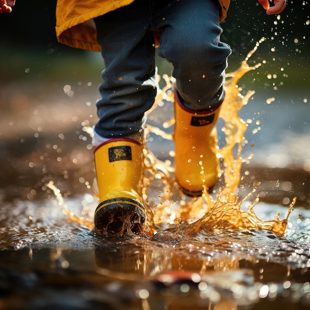 Photo un enfant court à travers des flaques d'eau dans des bottes en caoutchouc des éclaboussures sales vue de bas en gros plan