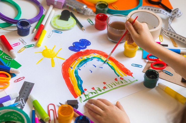 Photo enfant créant un dessin avec un arc en ciel