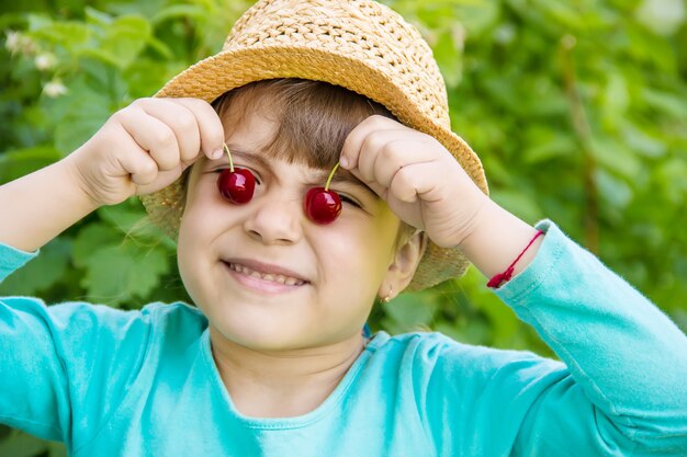 L&#39;enfant cueille des cerises dans le jardin. Mise au point sélective.