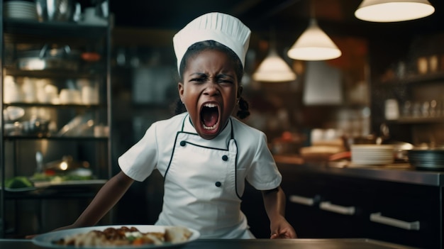 Un enfant cuisinier en colère criant dans la cuisine d'un restaurant