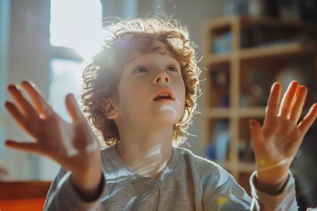 Photo un enfant curieux dans une pièce ensoleillée