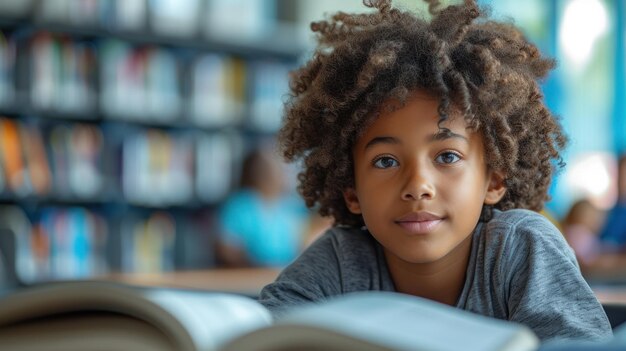 Photo un enfant curieux lit à la bibliothèque