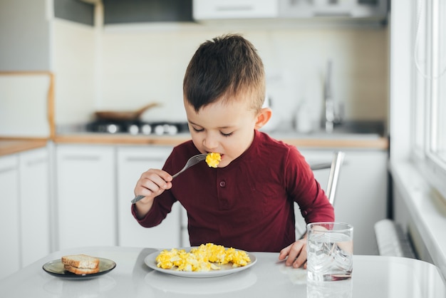 Un enfant dans l'après-midi sur une cuisine lumière blanche dans un pull bordeaux mange une omelette