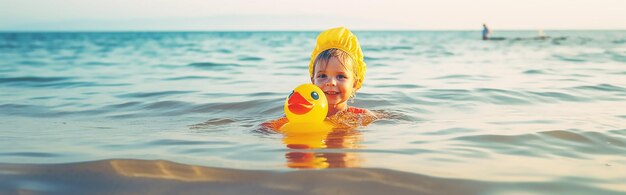 Un enfant dans un canard jaune nage dans l'océan.