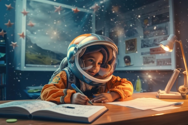 Enfant dans un casque de combinaison spatiale flottant dans une salle de classe étudiant l'astrologie générative ai AIG32