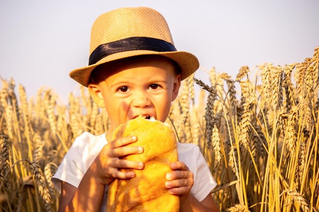 Un enfant dans un champ de blé mange du pain. La nature. mise au point sélective