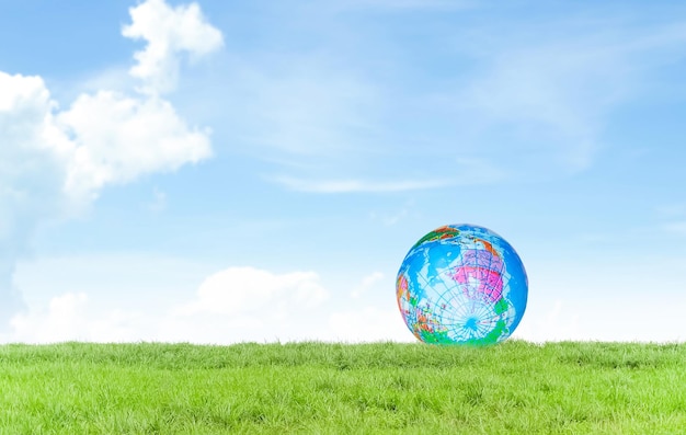 Un enfant dans un champ avec un globe sur l'herbe