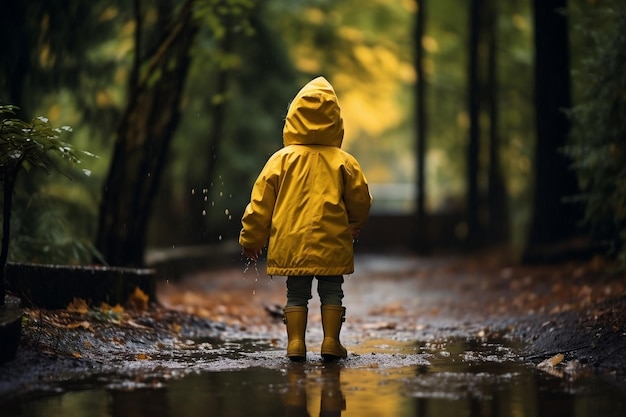 Enfant dans un imperméable jaune vu de derrière AI générative