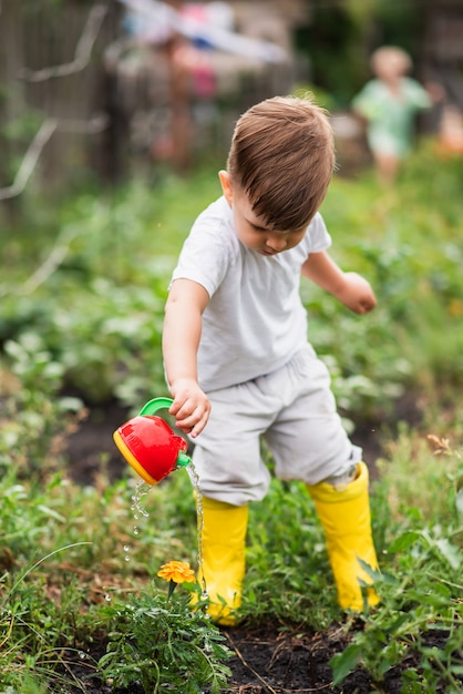 Un enfant dans le jardin arrose des fleurs avec un arrosoir.