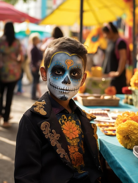 enfant dans le maquillage du Jour des Morts avec une pose dynamique et émotionnelle ludique