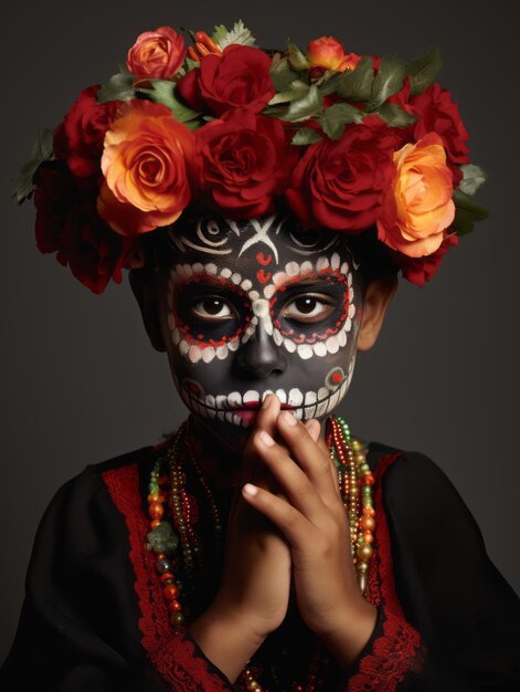 Photo enfant dans le maquillage du jour des morts avec une pose dynamique et émotionnelle ludique