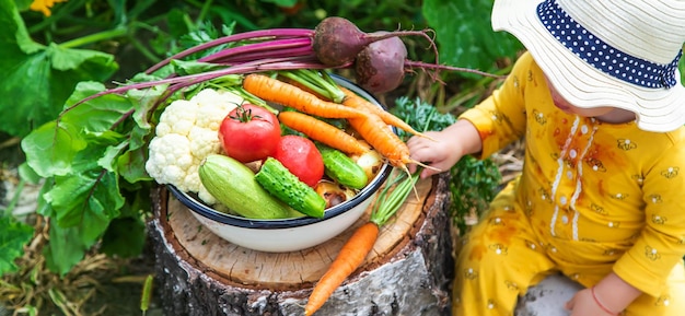 Enfant dans la mise au point sélective du potager