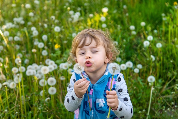 Un enfant dans la nature souffle un pissenlit Mise au point sélective