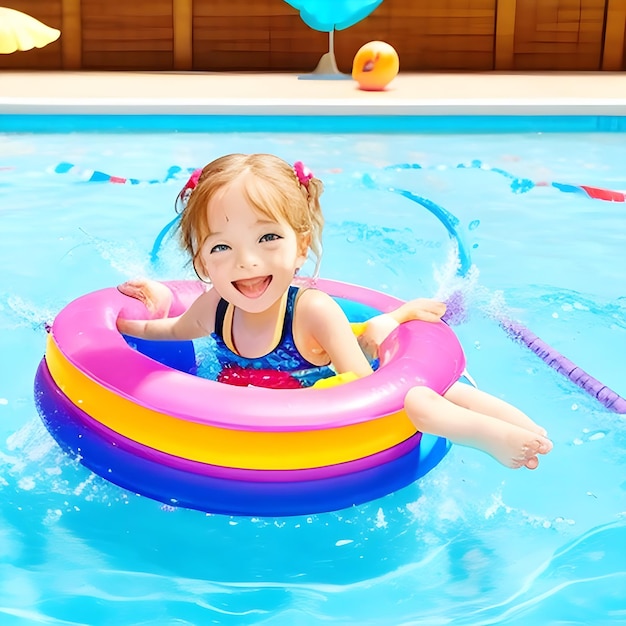 Enfant dans une piscine flottant sur un anneau de jouet