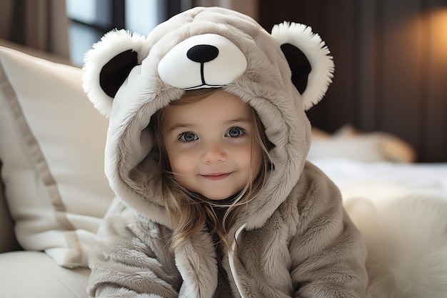 un enfant dans une tenue de poupée panda sur le fond blanc du salon