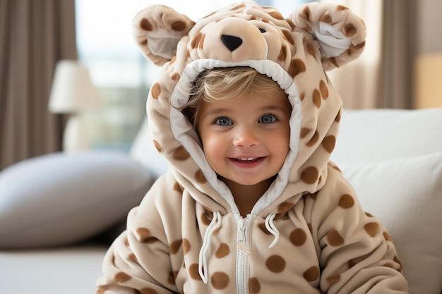 un enfant dans une tenue de poupée tigre sur un fond de salon blanc