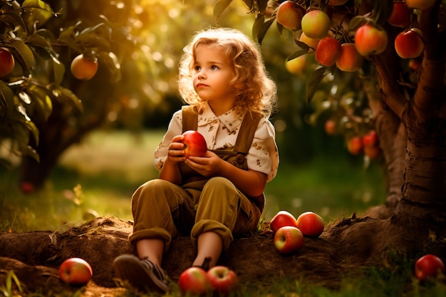 Un enfant dans un verger de pommiers Un enfant avec des pommes fraîches