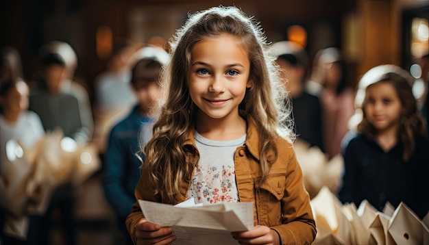 Enfant debout en classe donnant une présentation tenant un papier à lire