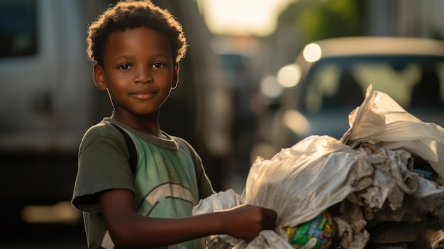 Enfant debout dans de grands sacs à ordures en arrière-plan d'une rue de la ville