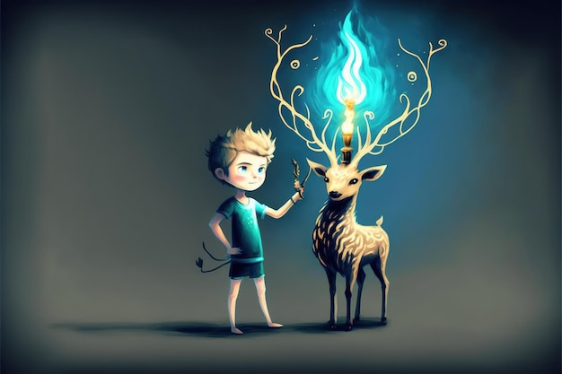 Enfant debout près de l'animal de cerf magique Enfant tenant une torche se tient près de sa peinture d'illustration de style d'art numérique de cerf magique
