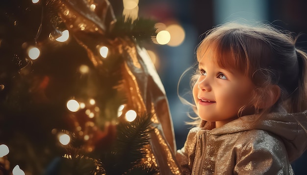 Un enfant décore un sapin de Noël le concept du Nouvel An chinois