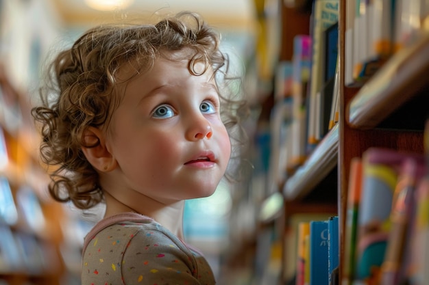 Un enfant découvre des livres à la bibliothèque