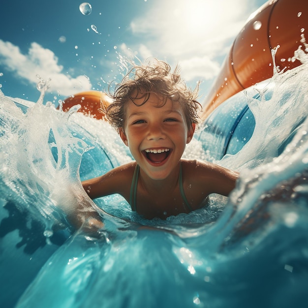 un enfant descend un grand toboggan aquatique