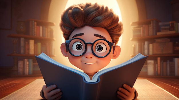 Un enfant de dessin animé 3D dans des lunettes surdimensionnées lisant un livre