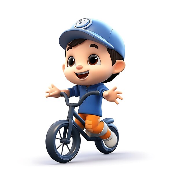 Enfant de dessin animé 3D faisant du vélo sur fond blanc