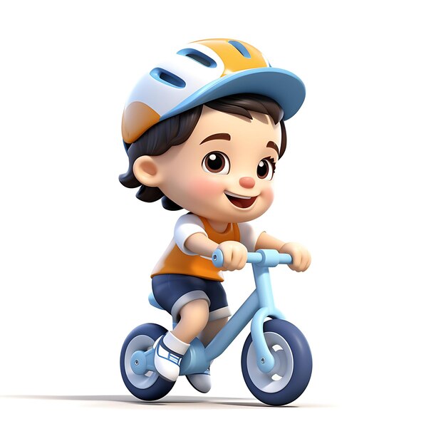 Enfant de dessin animé 3D faisant du vélo sur fond blanc