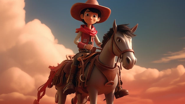 Un enfant de dessin animé 3D habillé en cowboy