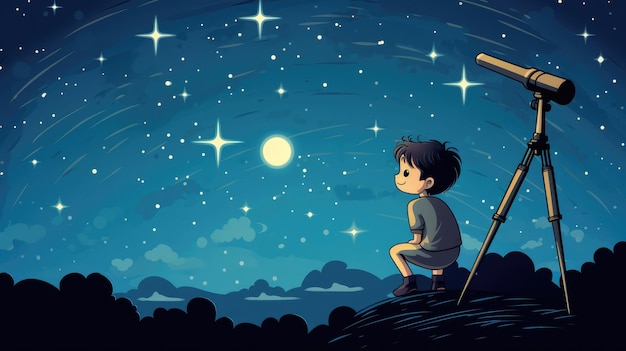 Photo un enfant de dessin animé vectoriel avec un télescope regardant les étoiles