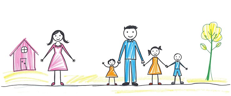 Photo enfant dessinant une figure de bâton famille tenant les mains en ligne style doodle