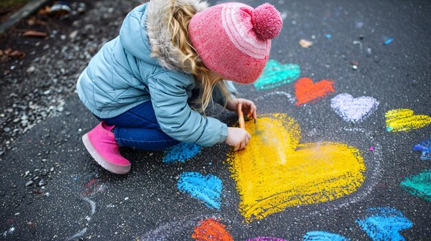 l'enfant dessine un cœur avec de la craie colorée sur l'asphalte Focus sélectif IA générative