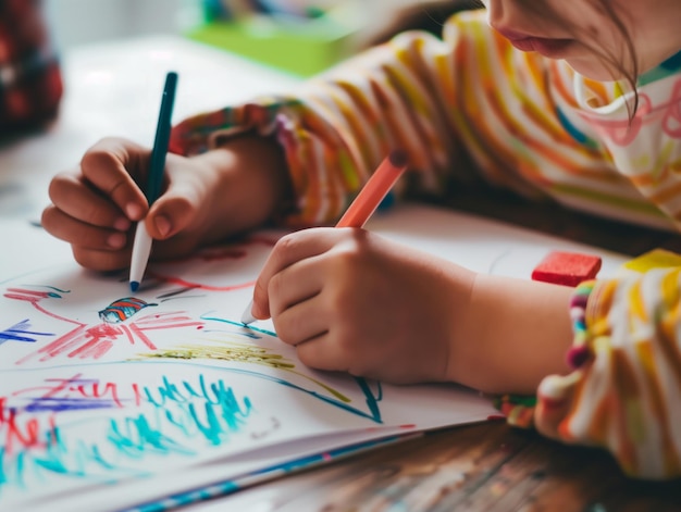 Photo un enfant dessine des fleurs avec un crayon.