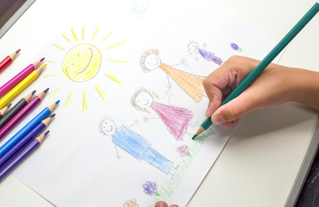 L'enfant dessine une grande famille heureuse