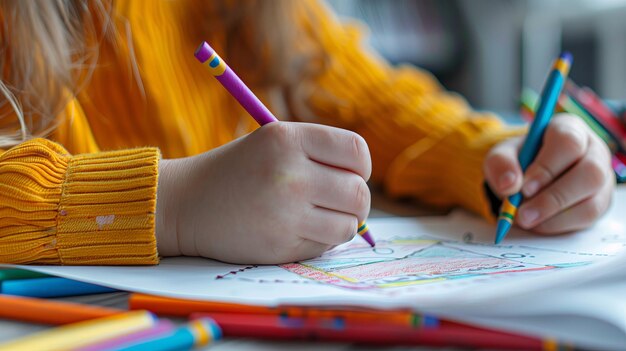 Un enfant dessine de près avec des crayons de couleur