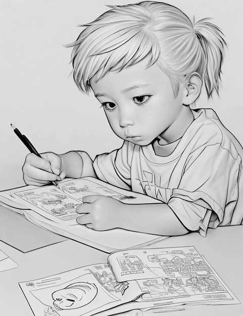 Photo un enfant dessine avec un stylo et un dessin d'enfant