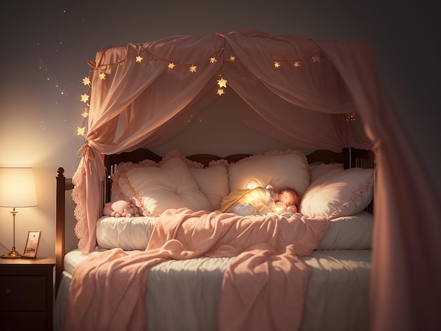 Un enfant dort dans un lit avec un baldaquin qui dit "étoile" dessus