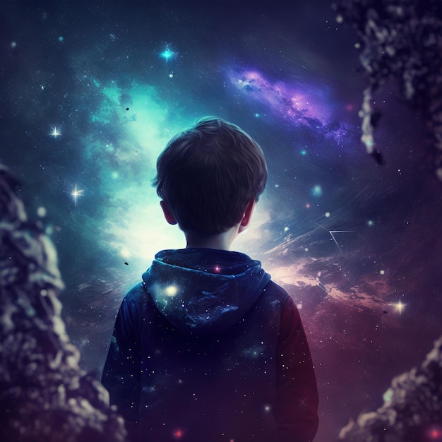 enfant de dos scrutant l'infinité de l'univers IA générative