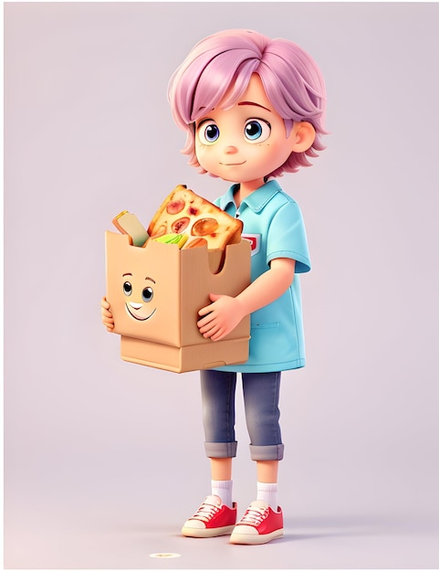 Un enfant doux et innocent avec de grands yeux de biche mange un personnage de dessin animé 3d de pizza