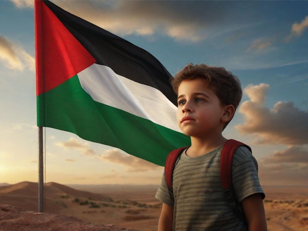 Un enfant avec le drapeau palestinien en arrière-plan généré par IA