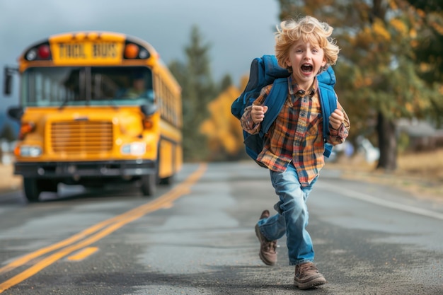 Un enfant avec une drôle d'expression sur le visage est en retard pour le bus scolaire.