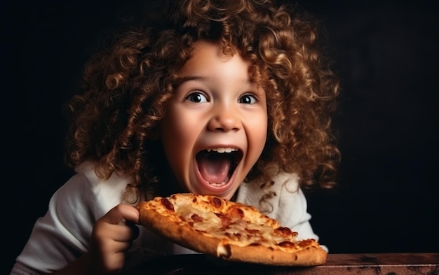 Une enfant drôle et ridicule mange une tranche de pizza.