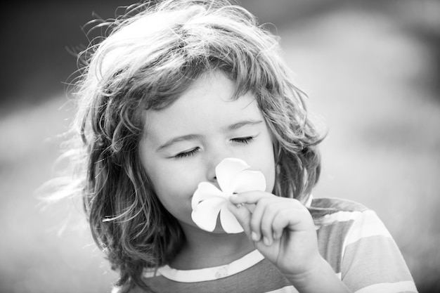 Enfant drôle sentant le visage de fleur de plumeria bouchent les enfants dans le portrait du parc naturel d'été