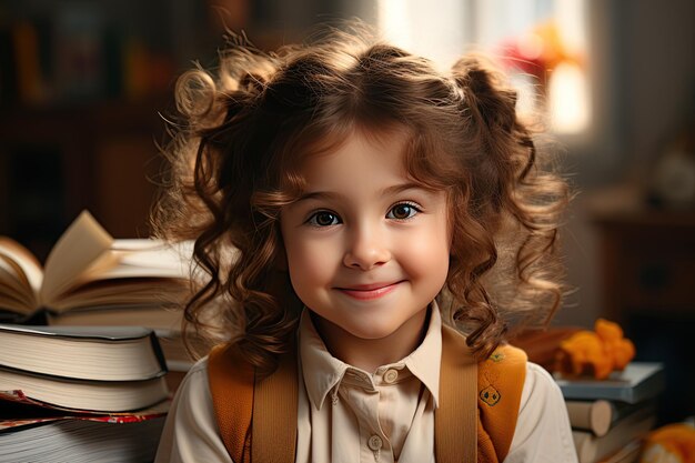 enfant drôle souriant école fille heureuse avec des lunettes tient des livres généré avec l'IA