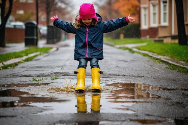 Un enfant éclaboussé dans une flaque d'eau par un jour de pluie