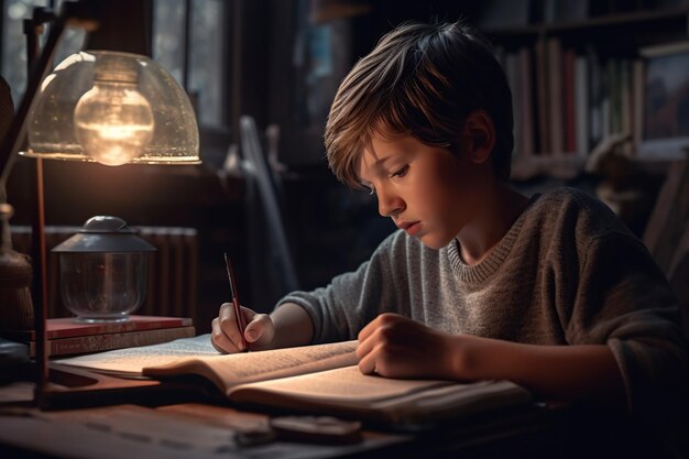 Enfant de l'école primaire étudiant à faire ses devoirs à la maison Illustration de l'IA générative